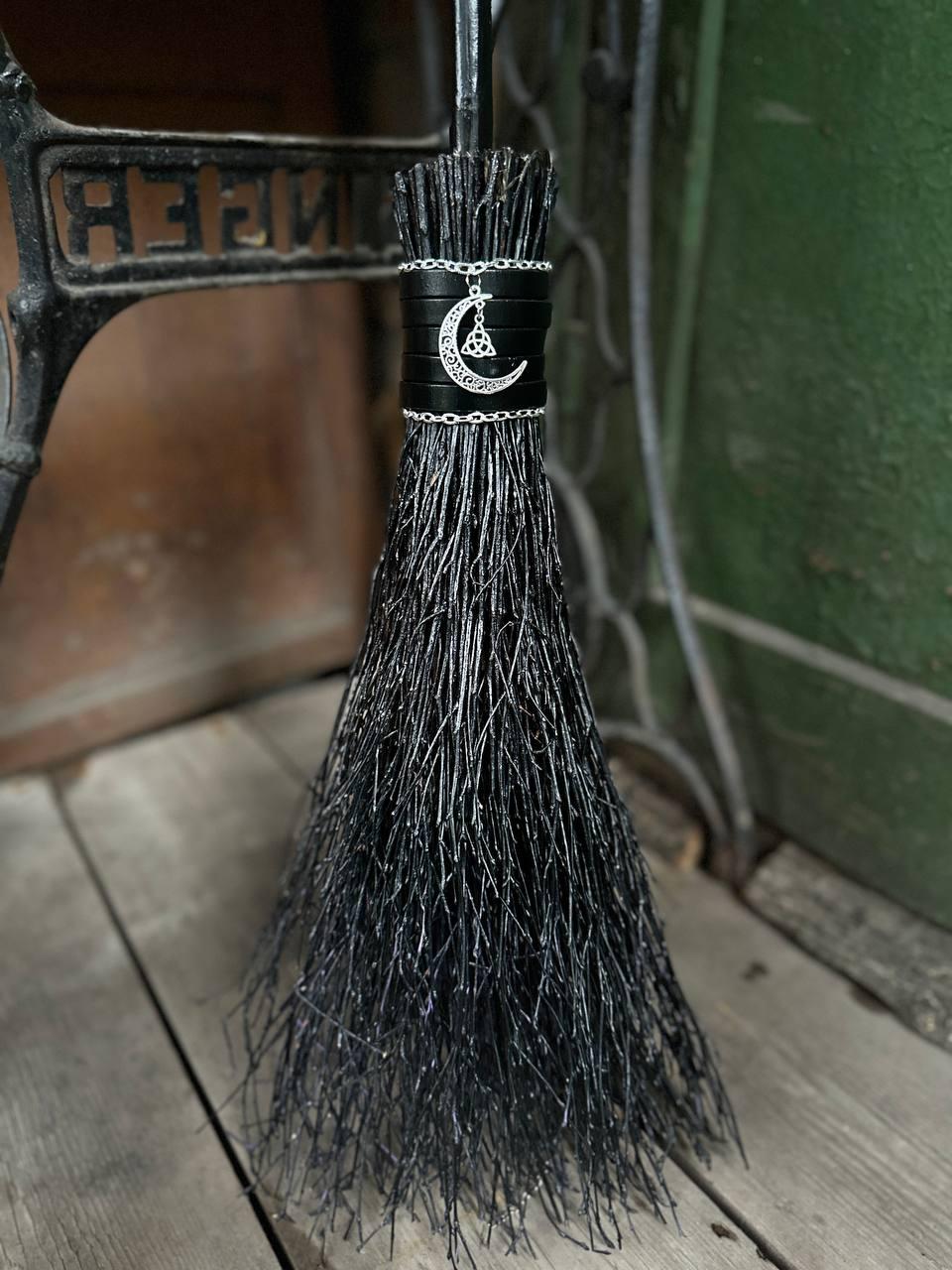 Black Witch Broom With Leather And Moon Pendant
