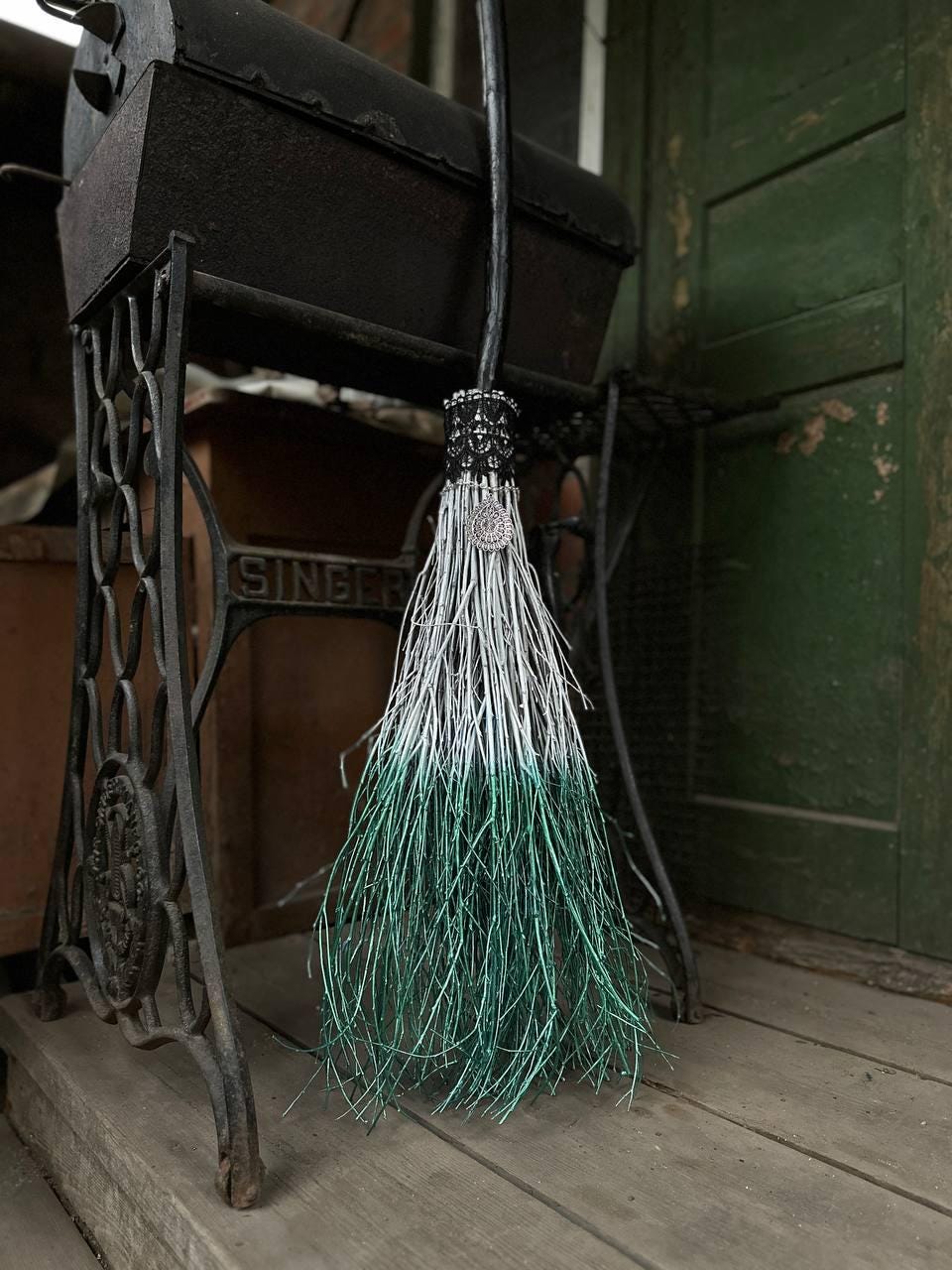 White and metallic green wedding broom with lace and pendant – handmade and shipped in USA and Europe