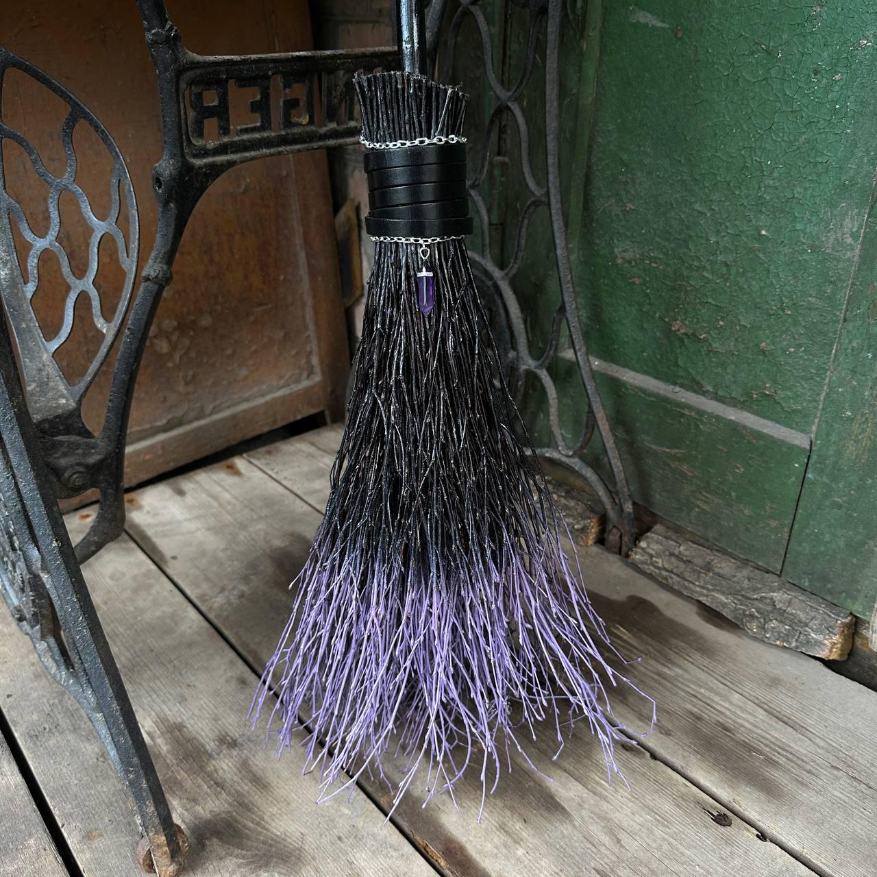 Black And Purple Witch Broomstick With Leather And Crystal