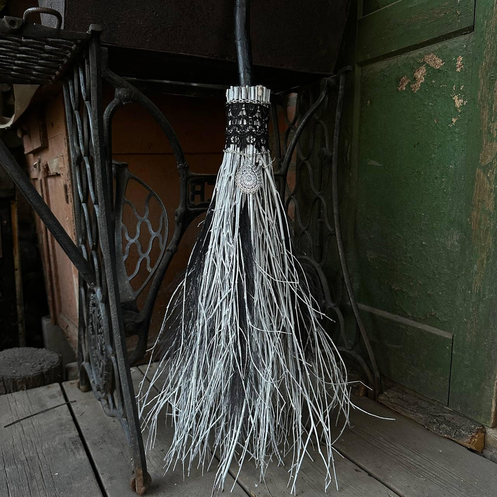 Black and white witch broom with feathers and charm – ritual decor broom for American witches