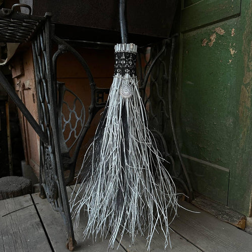 Black and white witch broom with feathers and charm – ritual decor broom for American witches