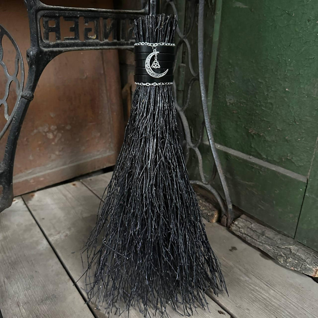 Black Witch Broom With Leather And Moon Pendant