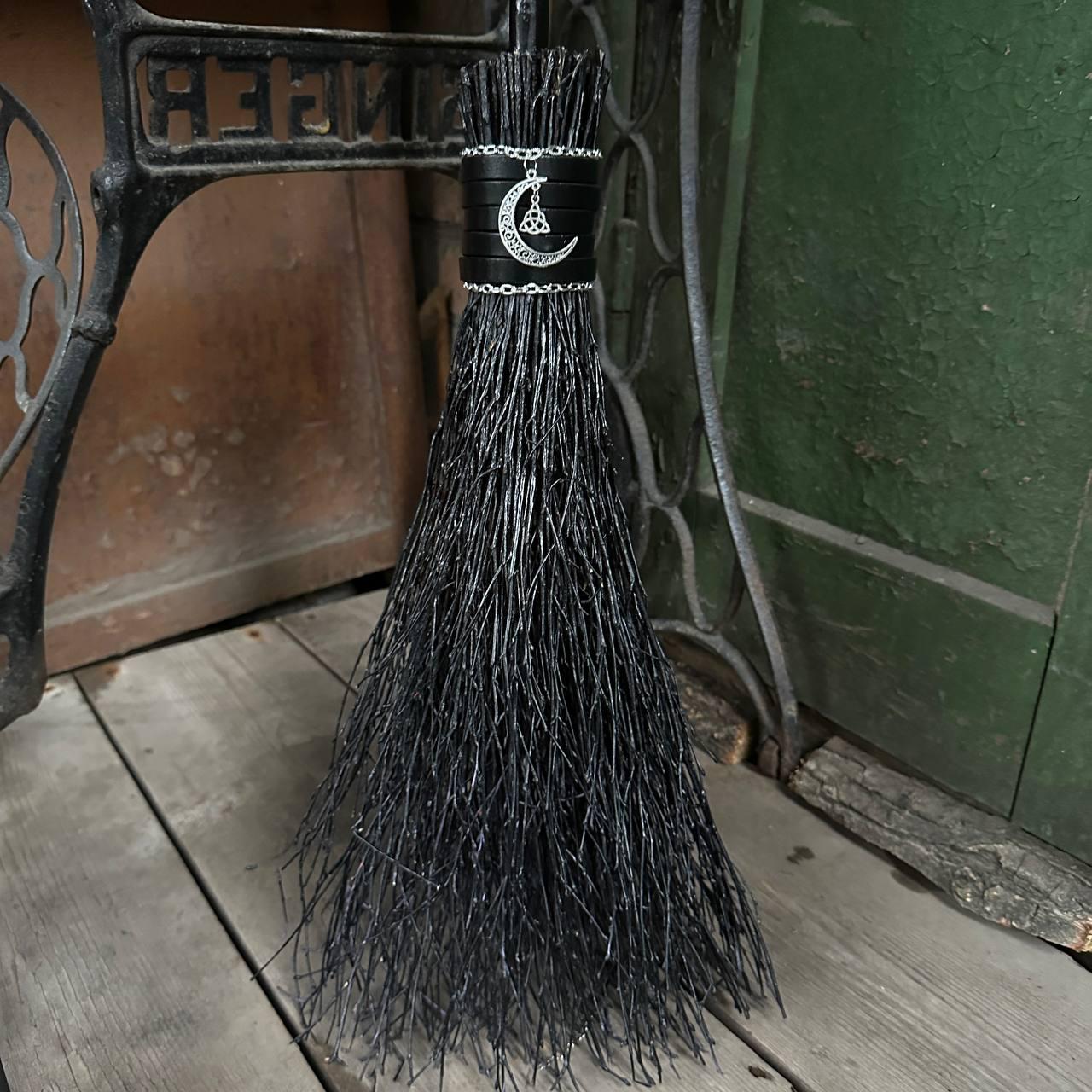 Black Witch Broom With Leather And Moon Pendant