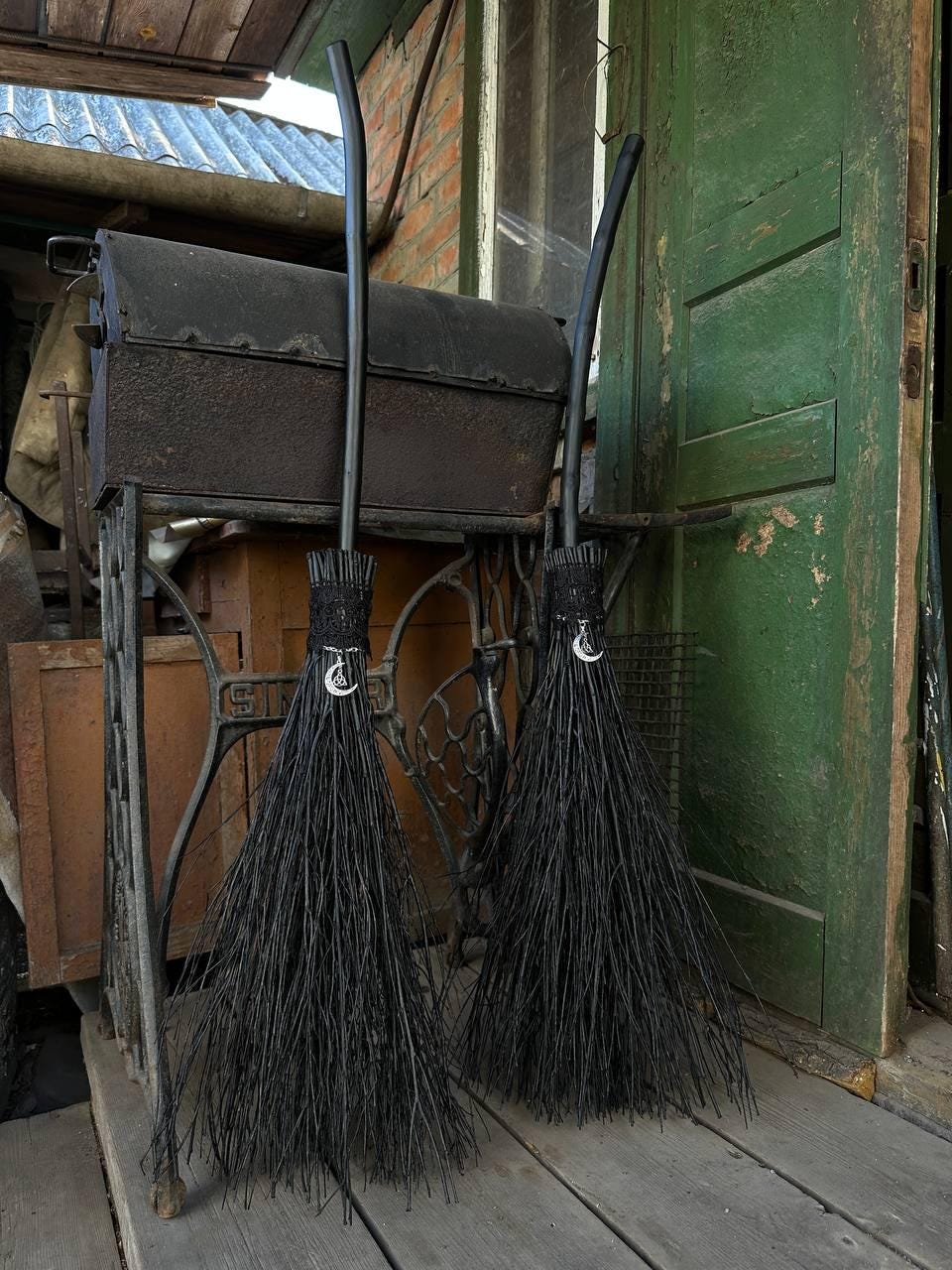 Black Witch Broom With Lace And Moon Pendant