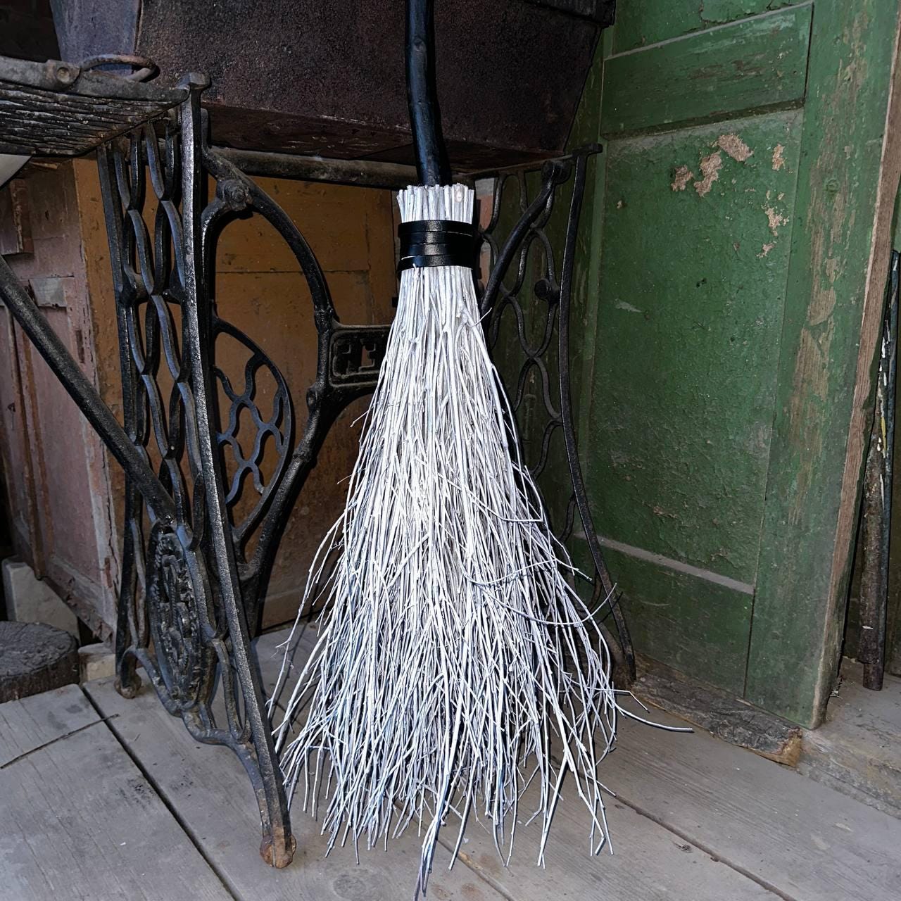 White Witch Broom With Leather And Black Handle