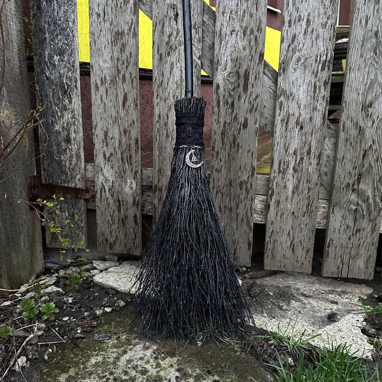 Black Witch Broom With Lace And Moon Pendant
