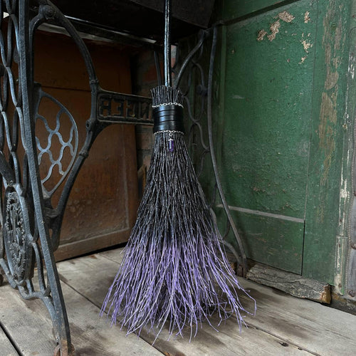 Decorative Halloween black and purple  witch broom with leather and crystal – handmade and ships across USA