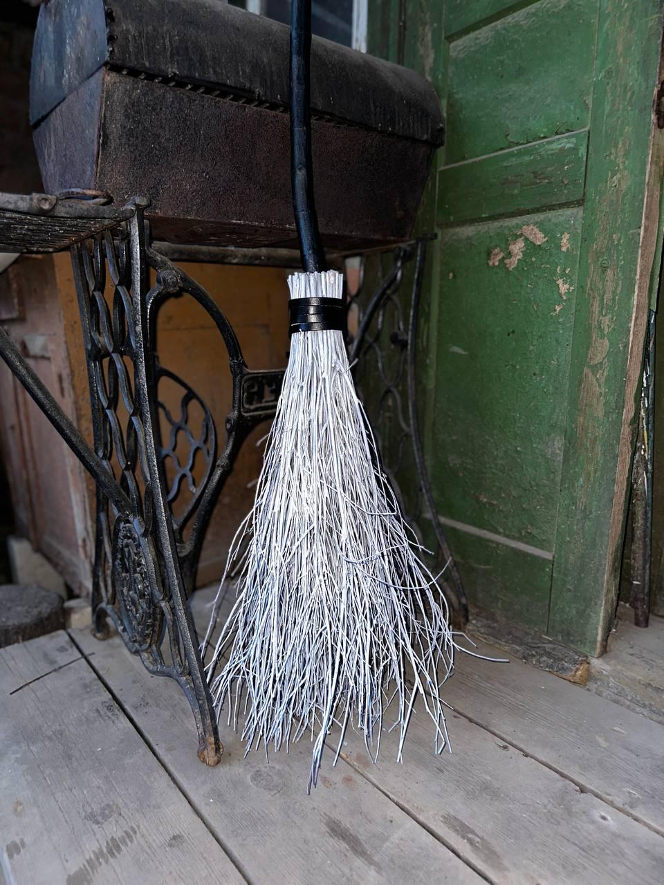 White Witch Broom With Leather And Black Handle