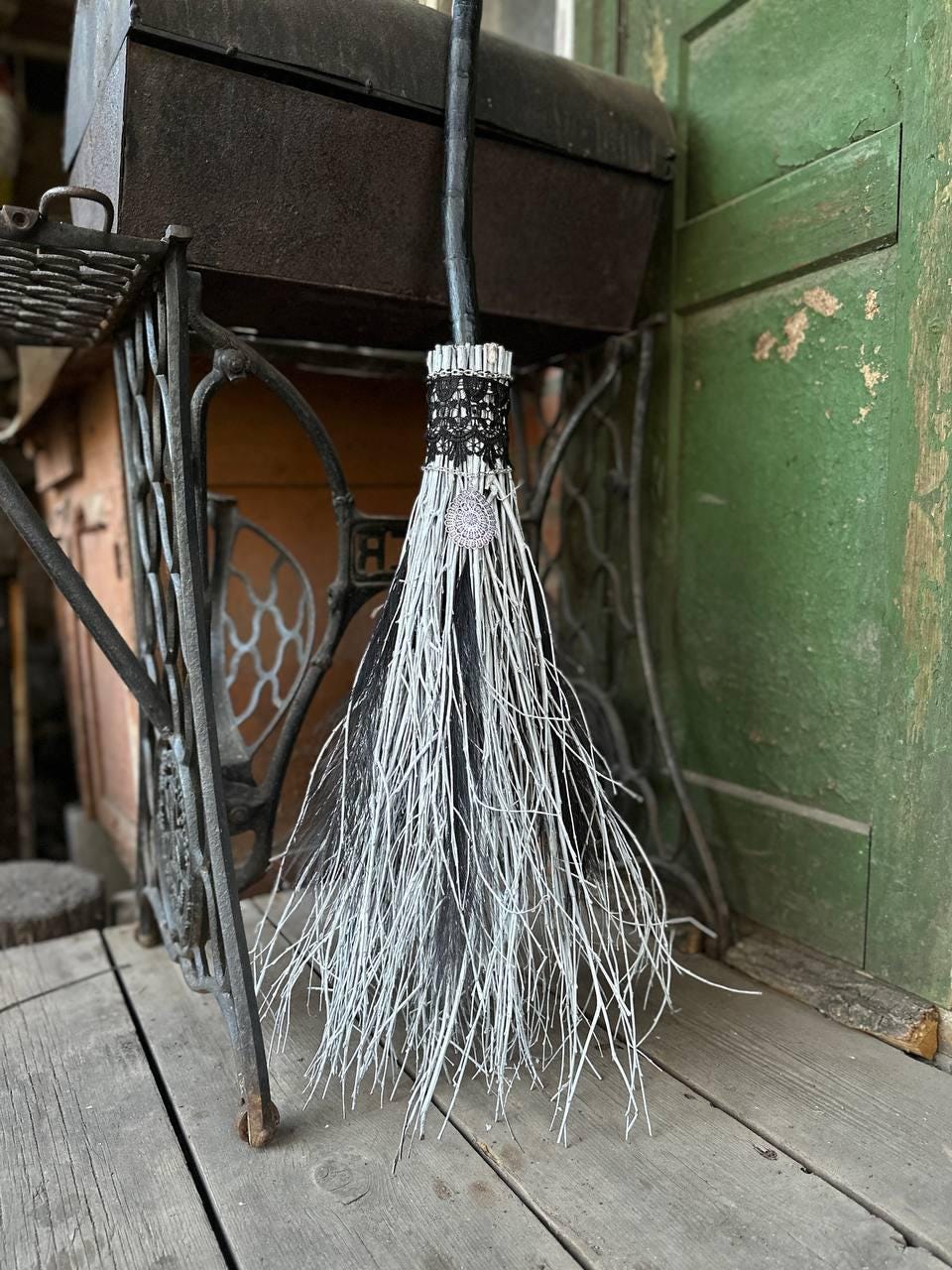 Black And White Wedding Broom With Lace And Charm
