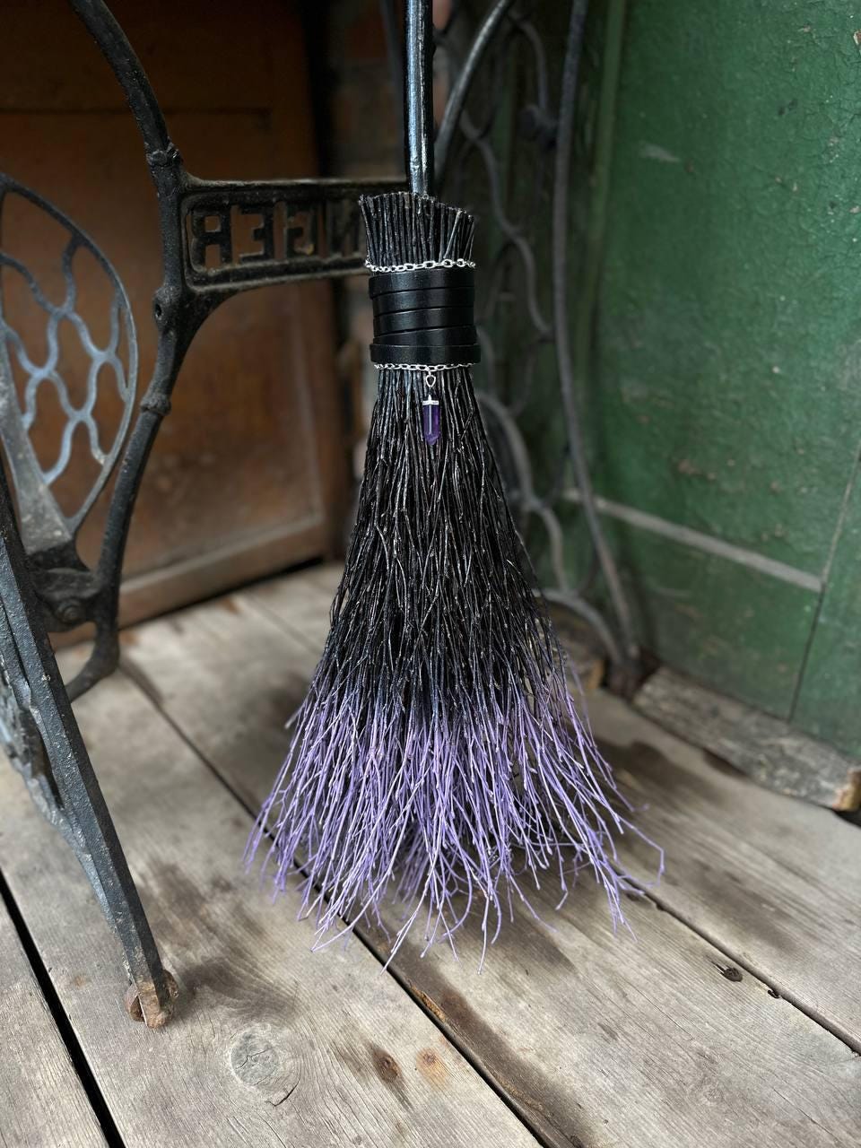 Black And Purple Witch Broomstick With Leather And Crystal