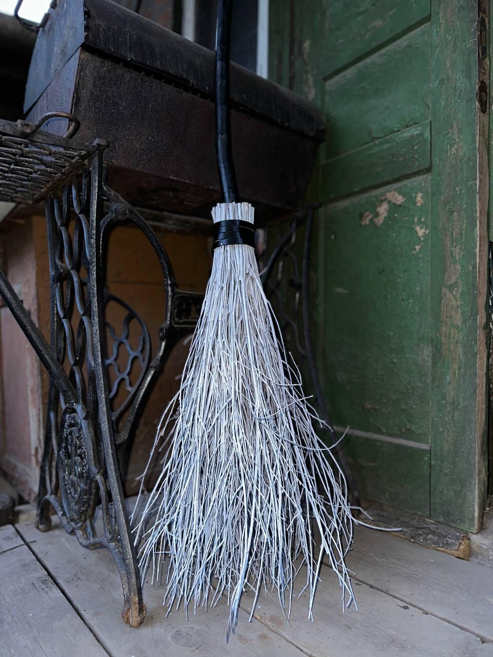 White Witch Broom With Leather And Black Handle