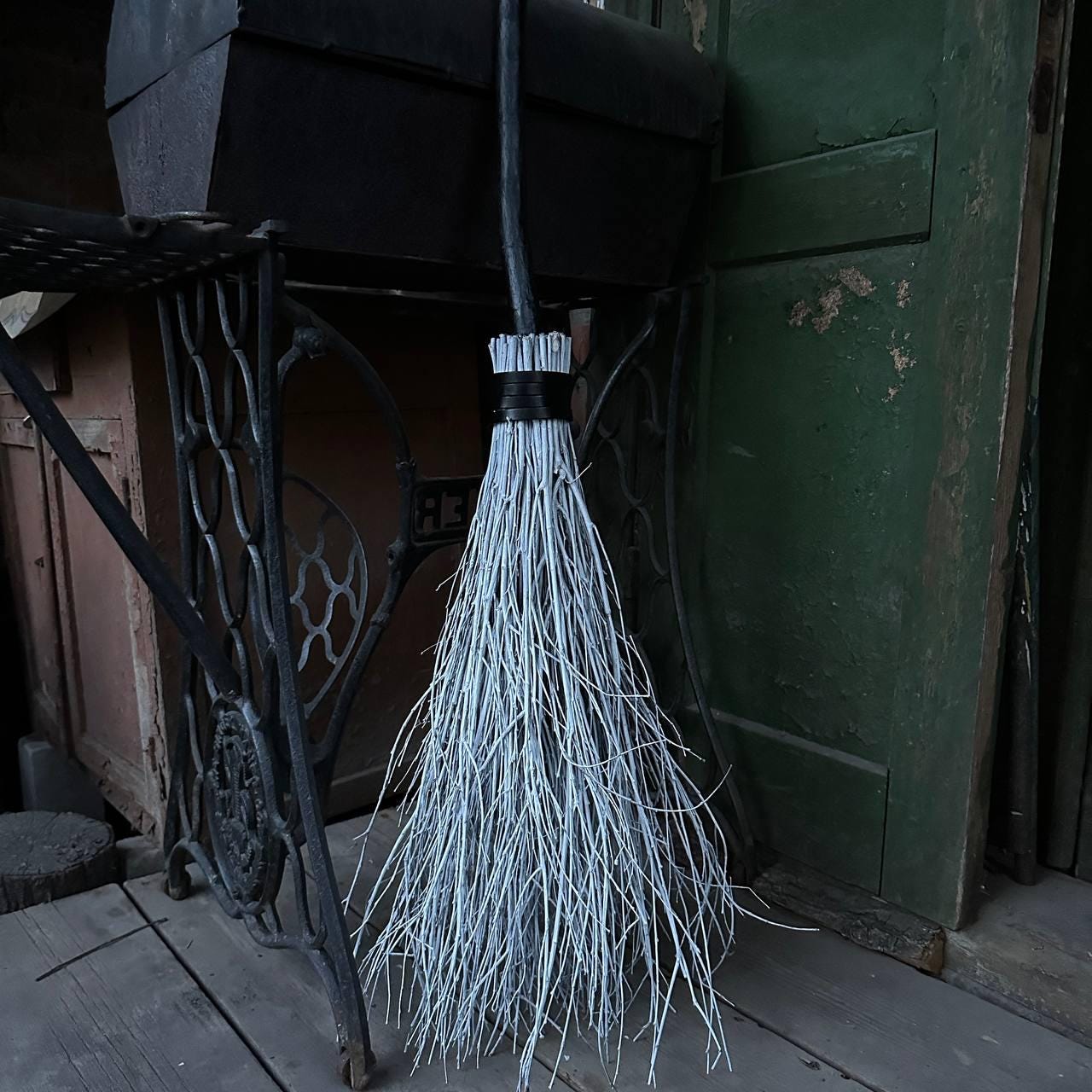 White Witch Broom With Leather And Black Handle