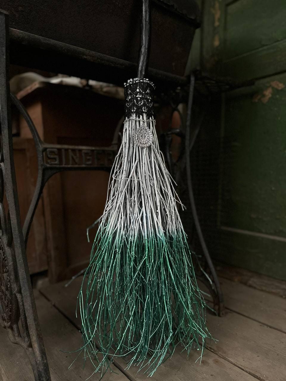 White and Metallic Green Witch Broom With Lace And Pendant