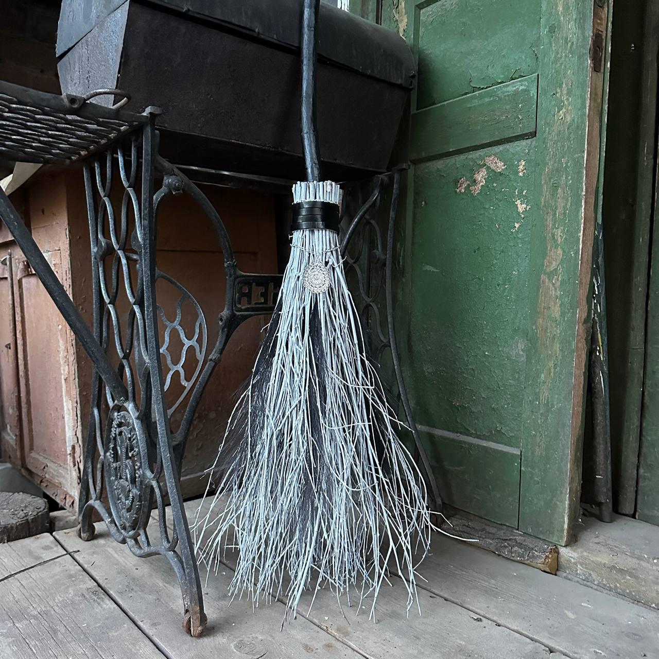 Black And White Witch Broom With Leather And Fathers