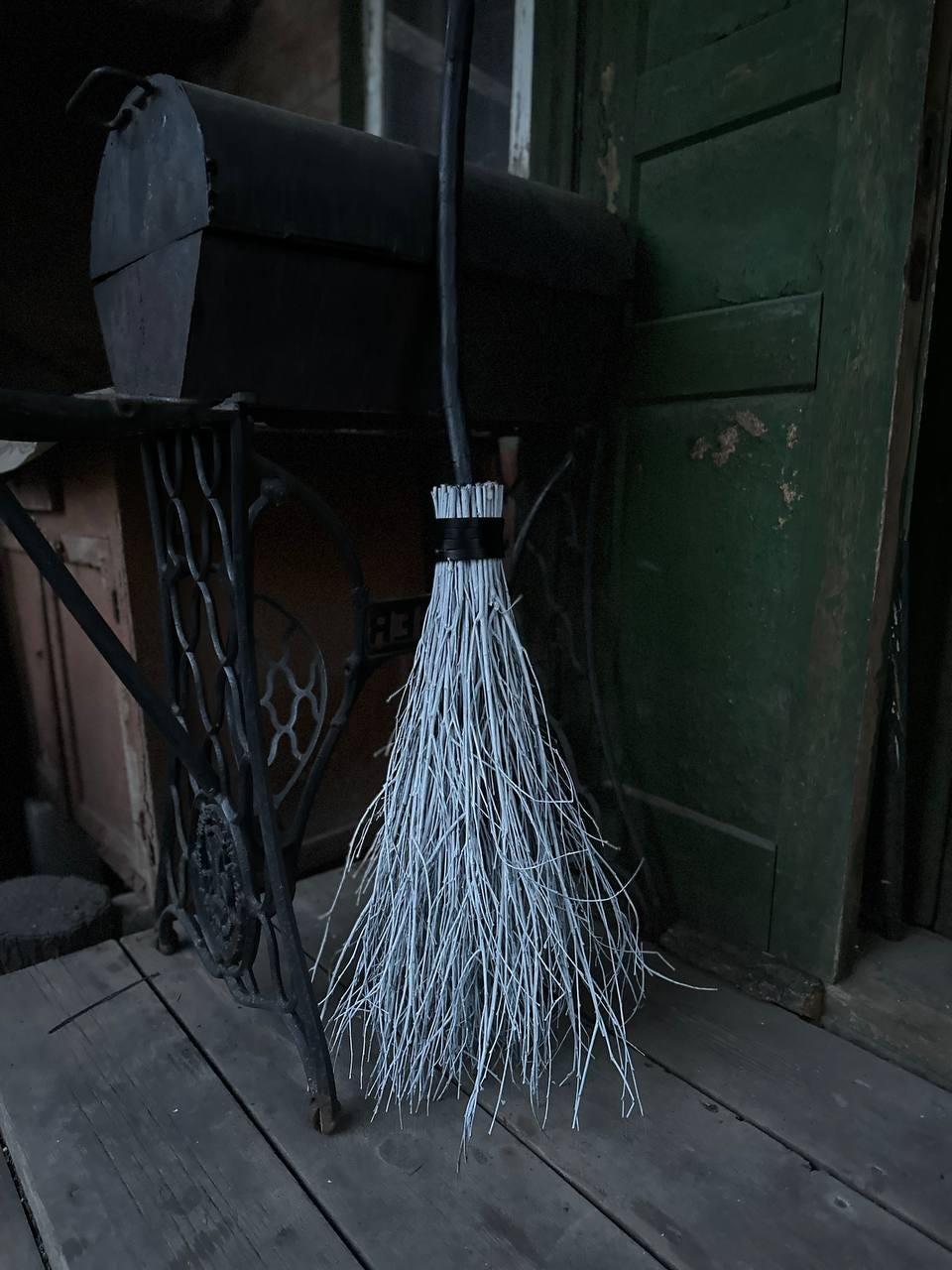 White Witch Broom With Leather And Black Handle