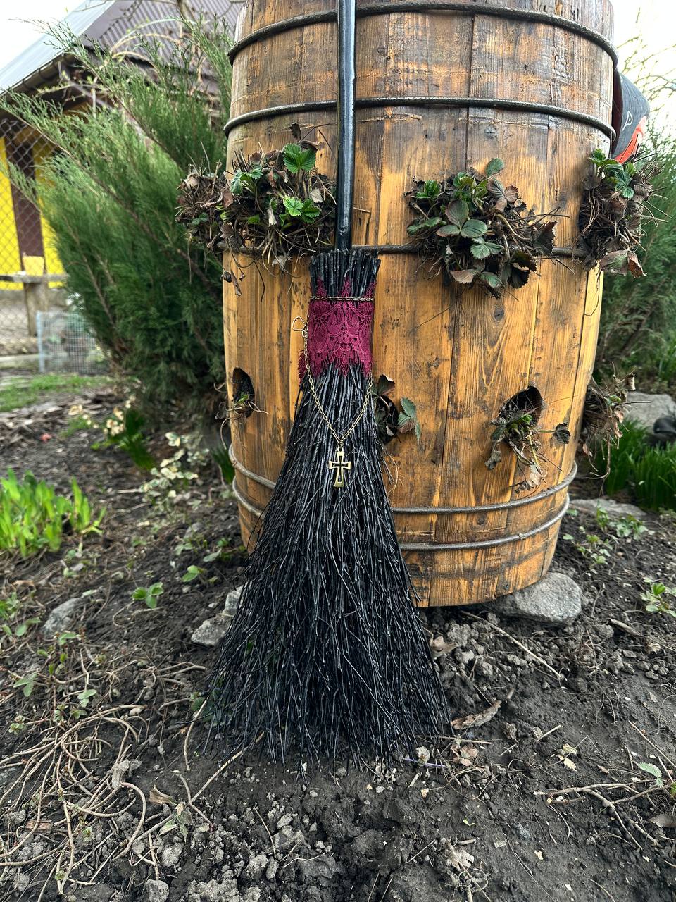 Black Witch Broom With Burgundy Lace And Cross