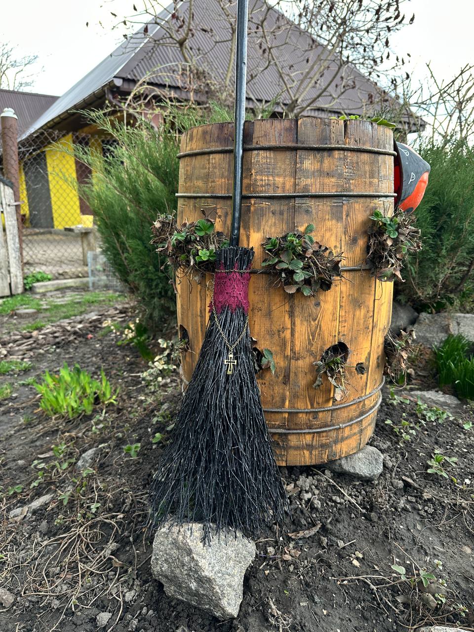 Black Witch Broom With Burgundy Lace And Cross