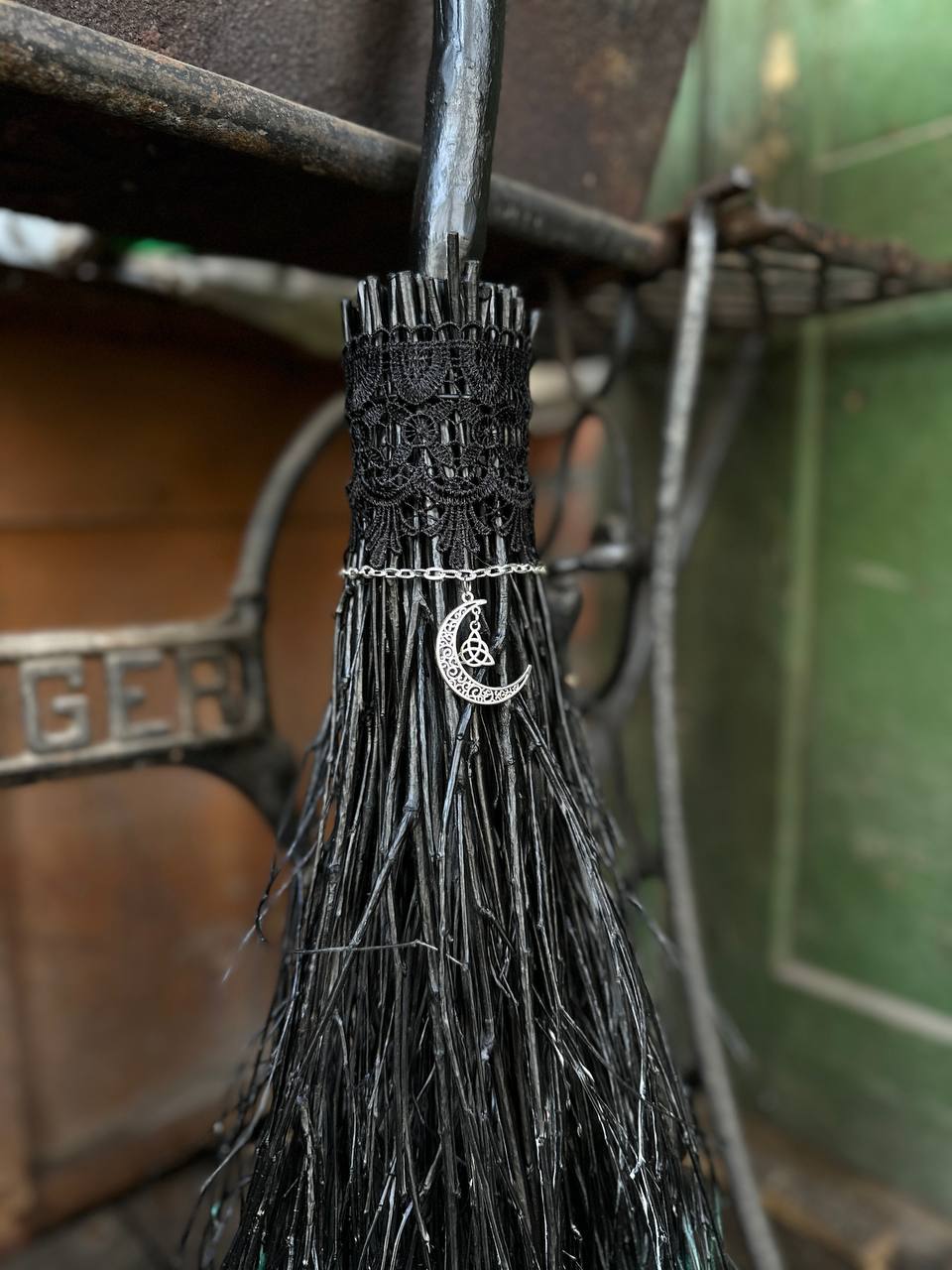 Black Full Size Witch Broom With Lace And Pendant