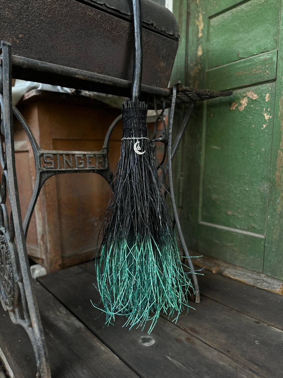 Black Full Size Witch Broom With Lace And Pendant