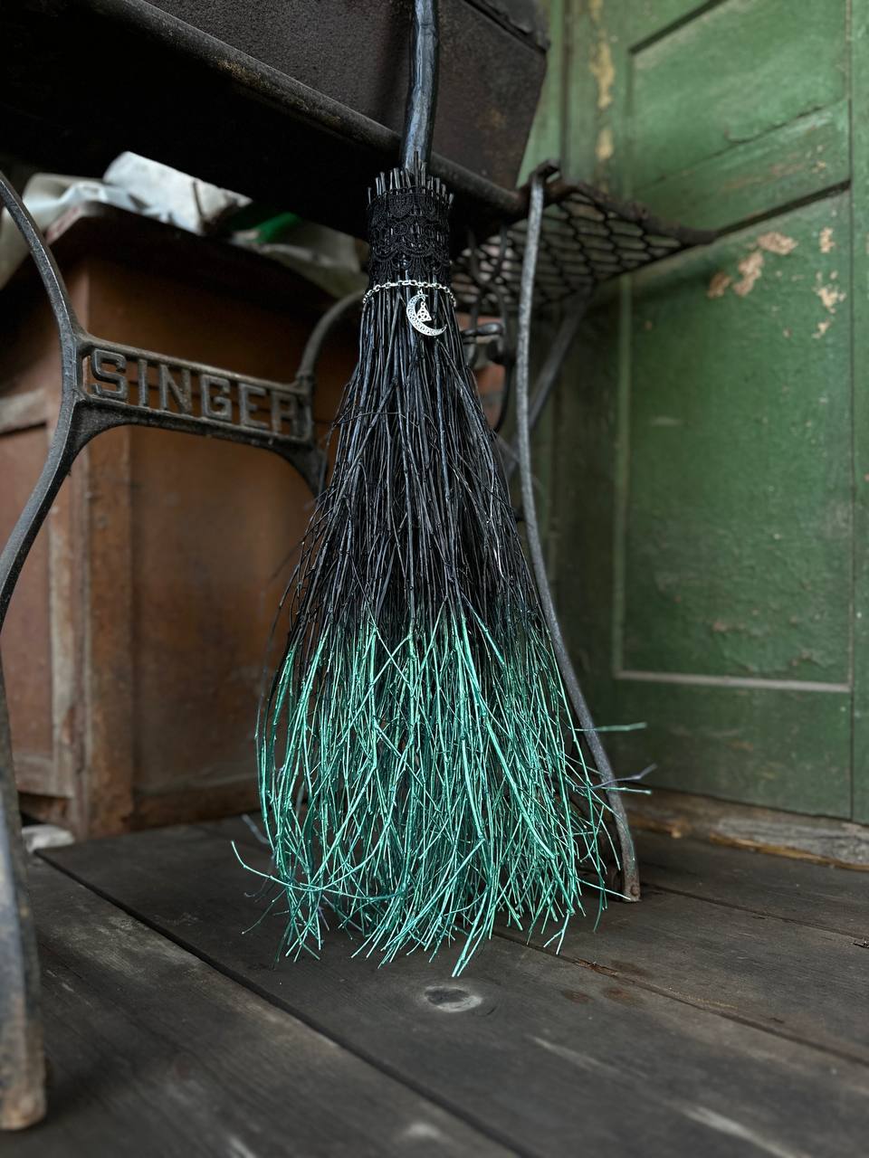 Black Full Size Witch Broom With Lace And Pendant