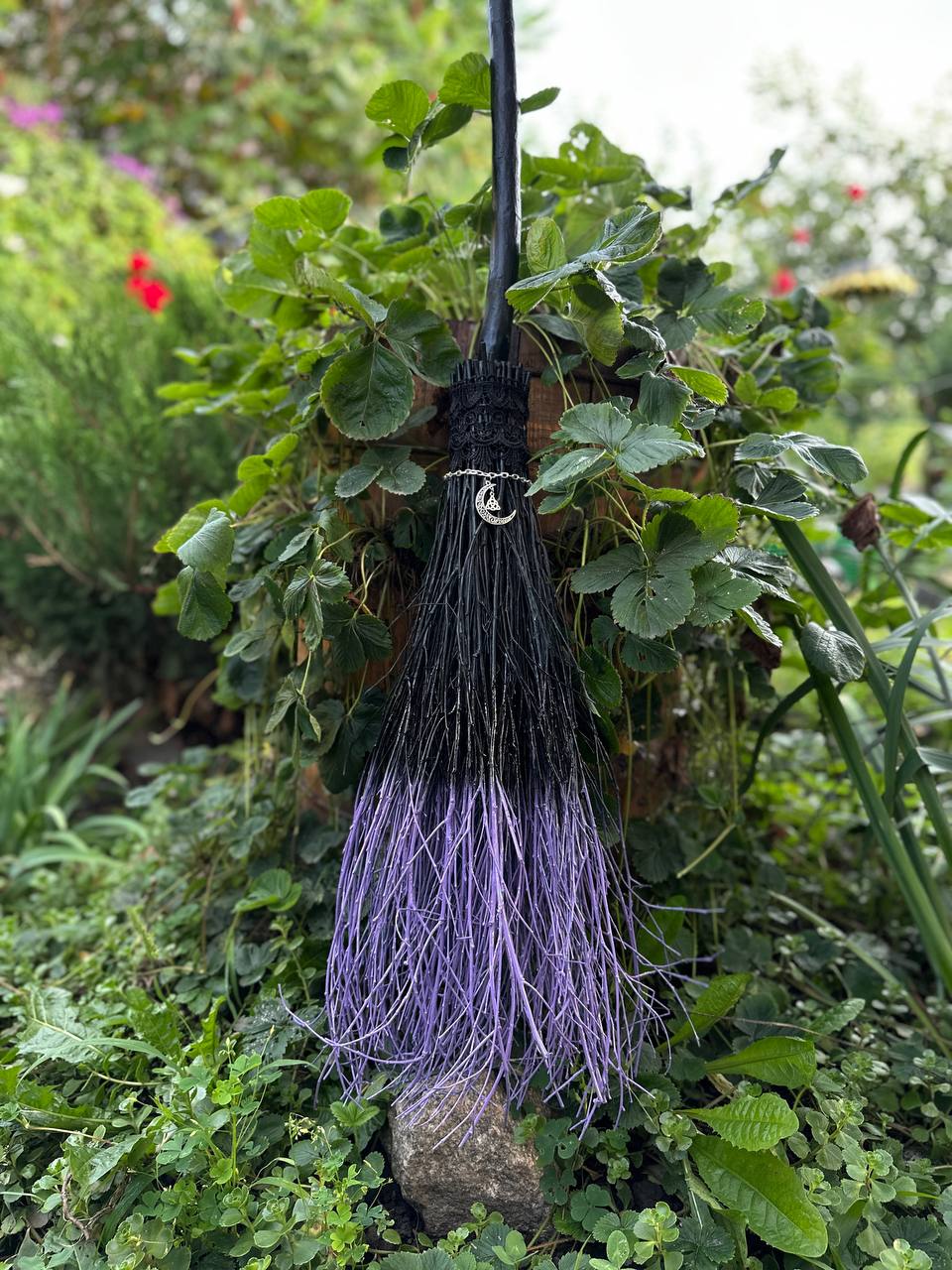 Halloween witch broom handcrafted from natural wood and straw. USA and worldwide