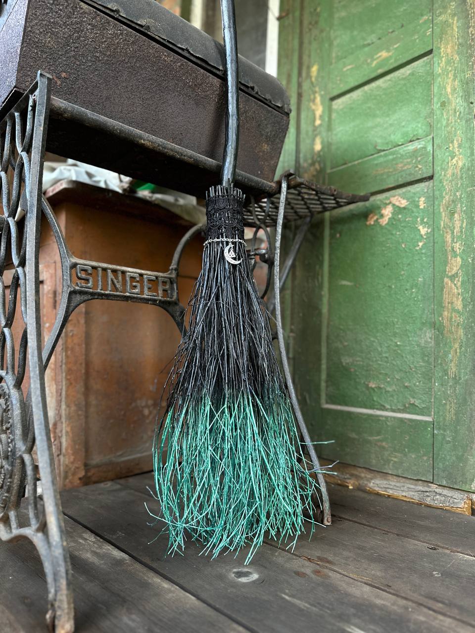 Black Full Size Witch Broom With Lace And Pendant