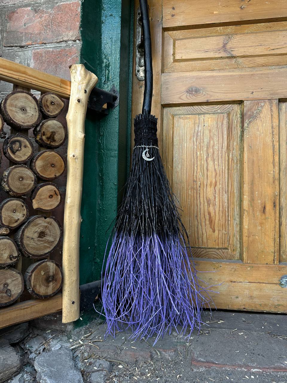 Decorative real witch broom with lace and charm for witches
