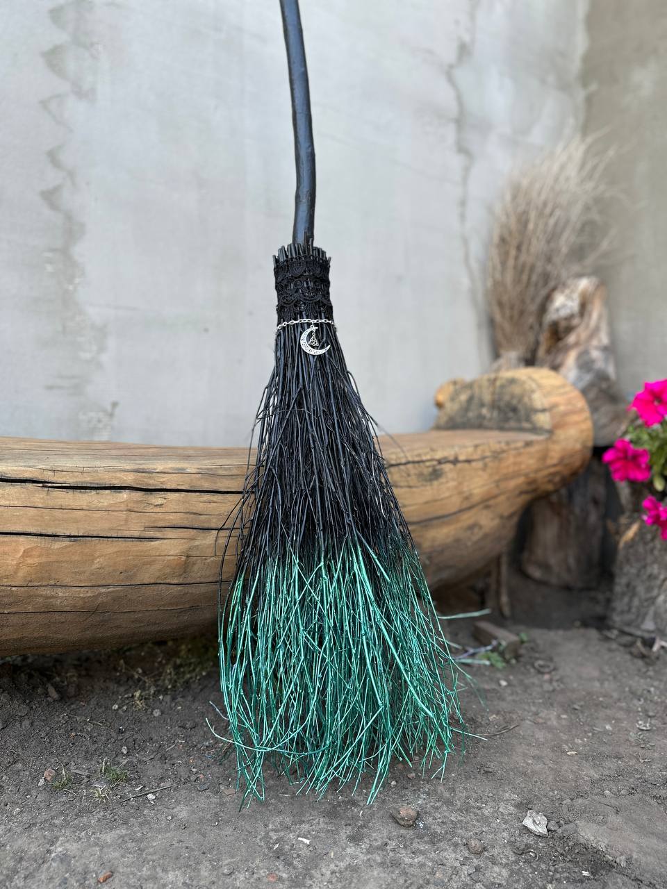 Halloween witch broom handcrafted from natural wood and straw