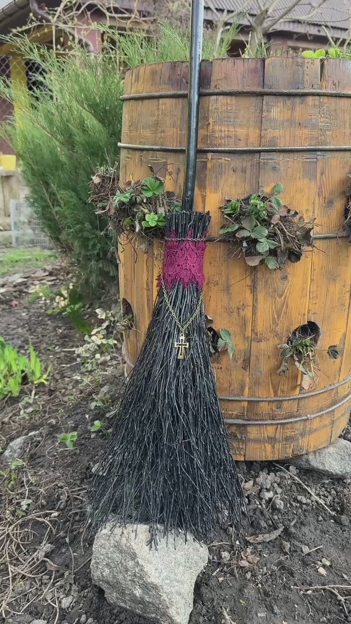 Black Witch Broom With Burgundy Lace And Cross